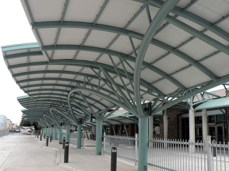 Finished curved steel canopy walkway